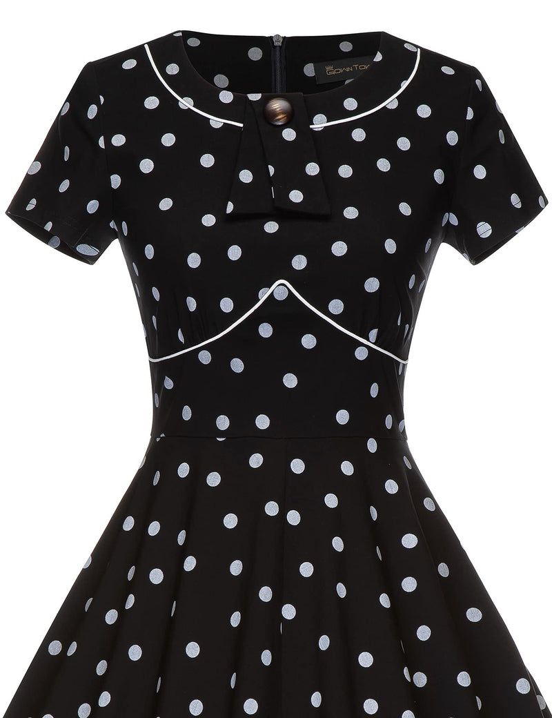 Women`s 50s Black Polka Dots  Inserted V waistline Vintage Party Dress With Pockets - Gowntownvintage