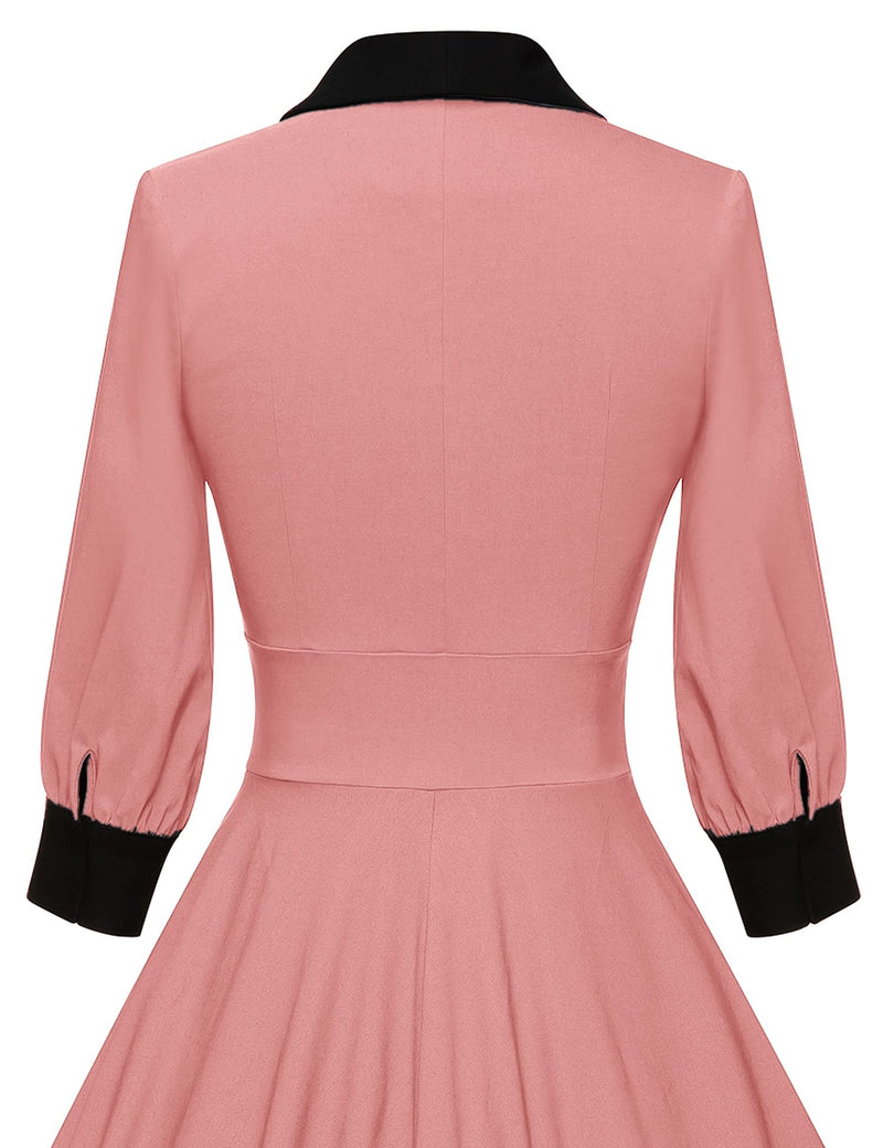 40s Vintage Women`s  Salmon Pink Shawl Collar Vneckline Shirtwaist Swing Dress With Pockets - Gowntownvintage