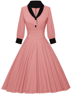 40s Vintage Women`s  Salmon Pink Shawl Collar Vneckline Shirtwaist Swing Dress With Pockets - Gowntownvintage