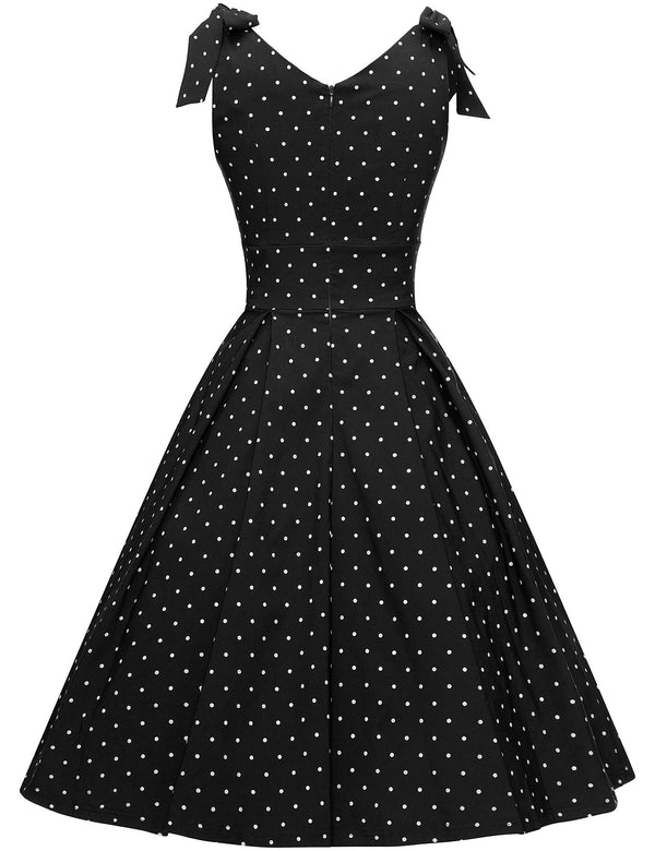 1950s Womens BlackDot Summer Adjustable Strap Dress With Pockets - Gowntownvintage