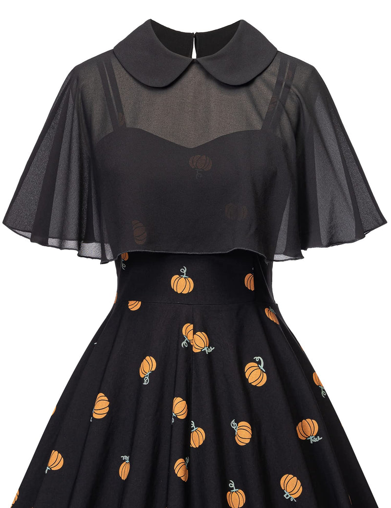 Women`s 1950s  Sweetheart Neckline Gothic Spooky Print  Party Dress With Chiffon Cloak - Gowntownvintage