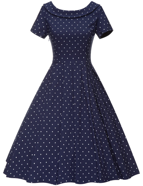 1950s Women`s  Darkblue Polka Dot Roller Collar Party Dress - Gowntownvintage