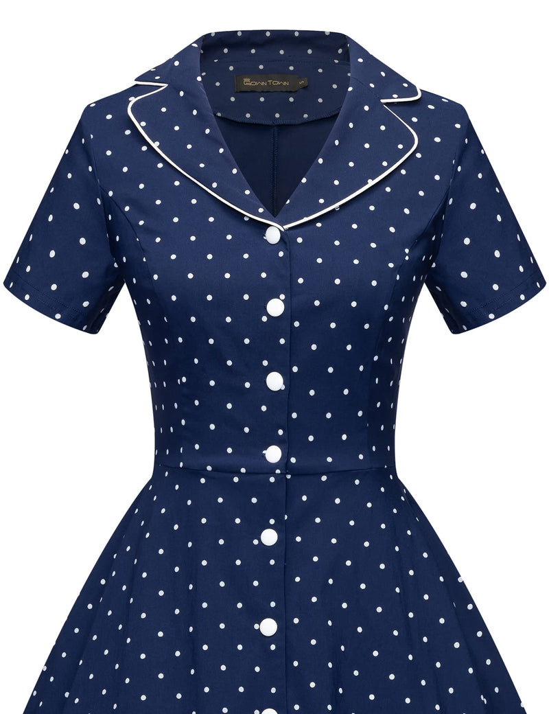 40s 50s Vintage Women`s Darkblue Dot Lapel Collar  Vneckline Shirt Dress - Gowntownvintage