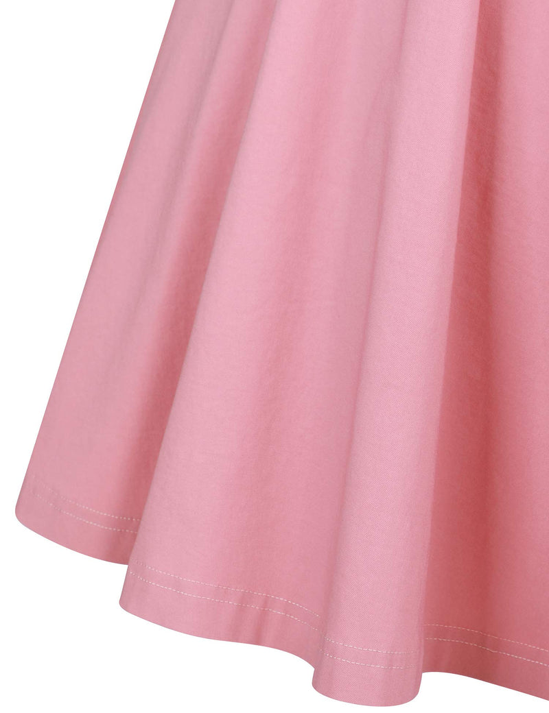 50s Women`s Scoop Collar Audrey Hepburn Style Pink Swing Dress With Pockets - Gowntownvintage