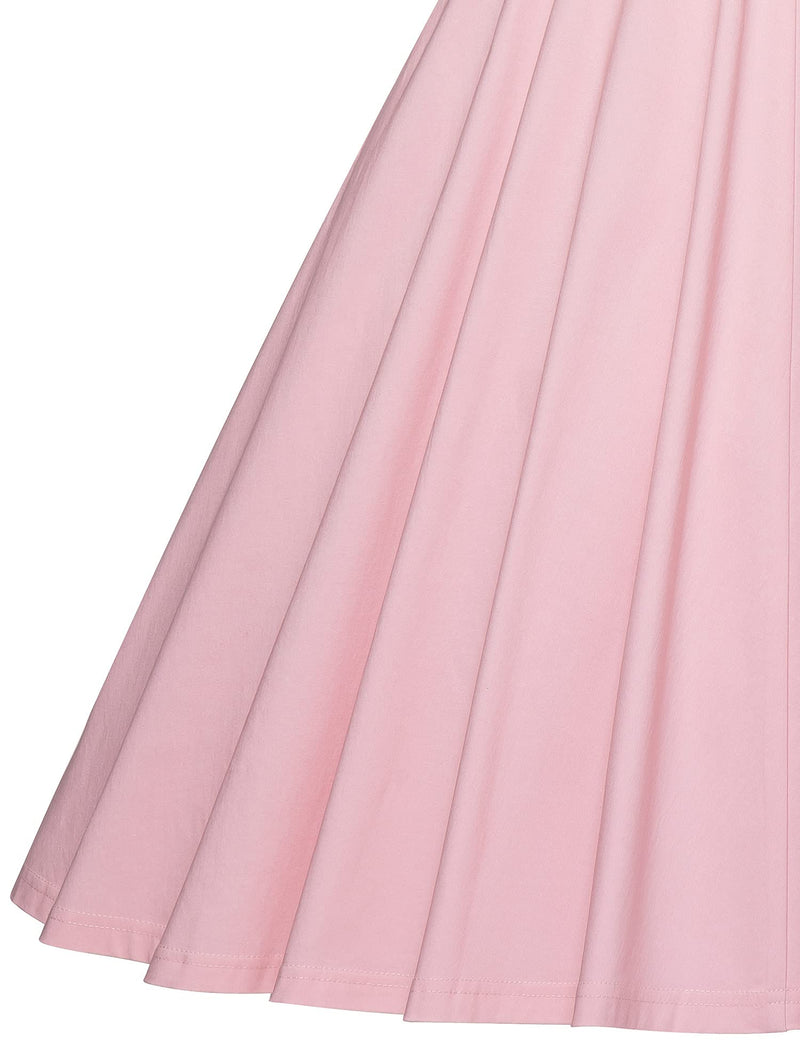 50s  Round Neckline Semi-transparent Lace Top Pink Splicing Party Swing Dress With Pockets - Gowntownvintage