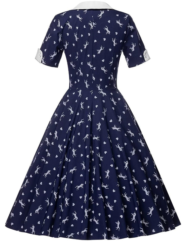 40s 50s Vintage Women`s Deer Print Shawl Collar Vneckline Shirt Dress - Gowntownvintage