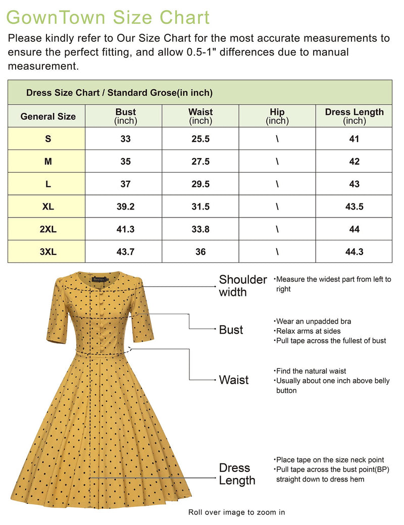 1950s YellowDot  Round Neck Shirtwaist Swing Vintage Dress With Pockets