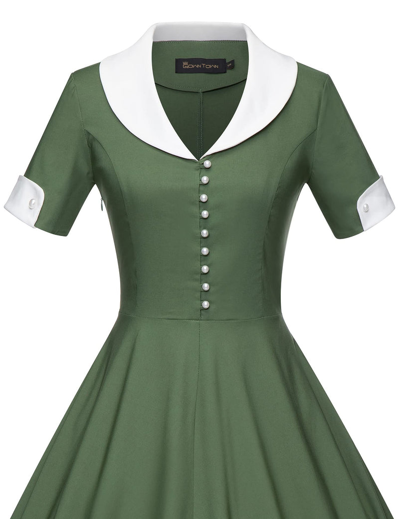 40s 50s Vintage Women`s Armygreen Colar Shawl Collar Vneckline Shirt Dress - Gowntownvintage