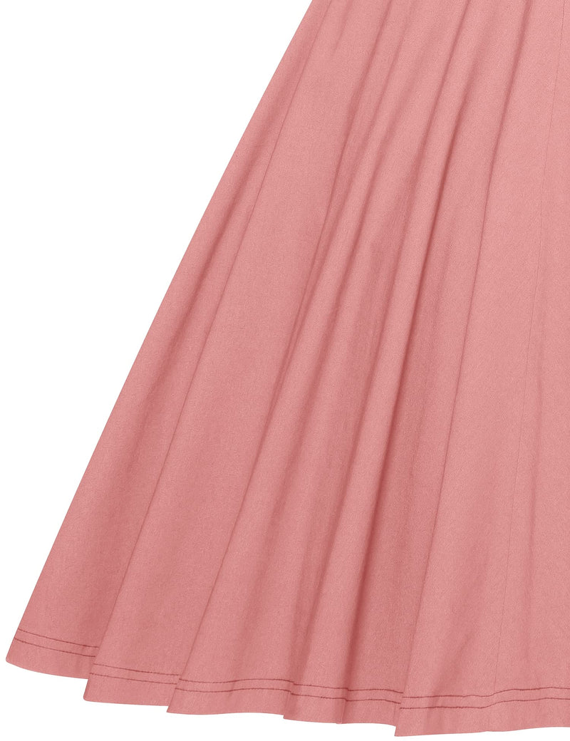 40s Vintage Women`s  Salmon Pink Shawl Collar Vneckline Shirtwaist Swing Dress With Pockets - Gowntownvintage