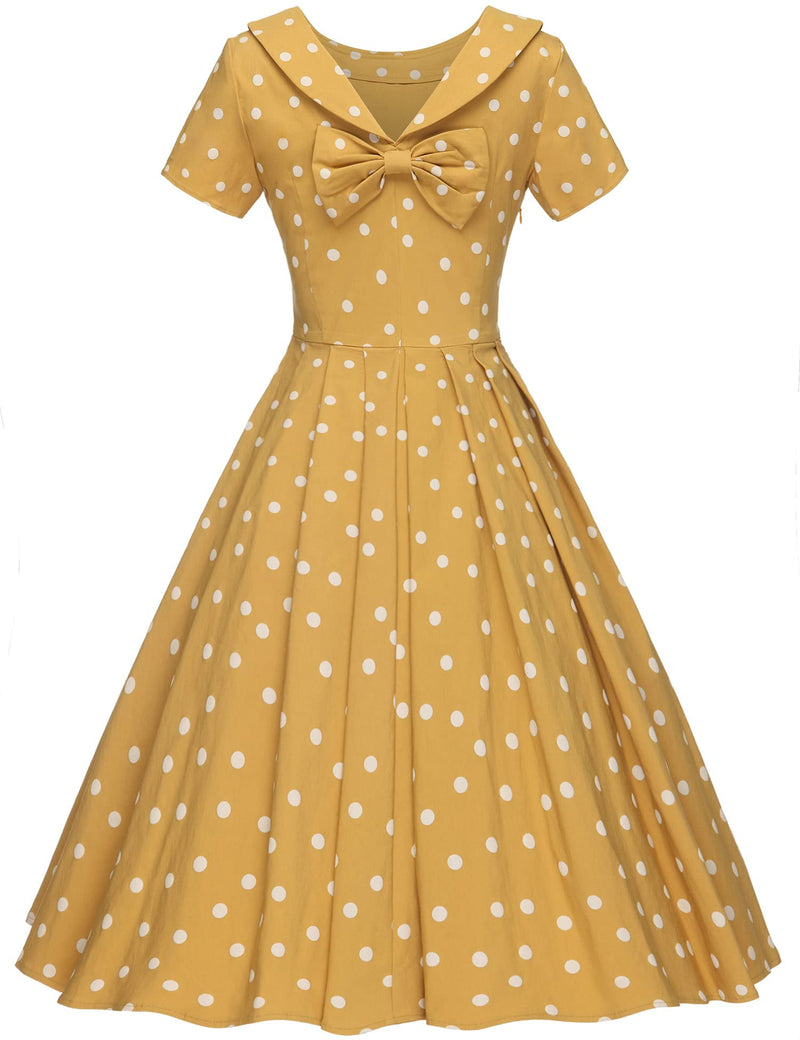 1950s Women`s Yellow Dot  Roll Collar Party Dress - Gowntownvintage