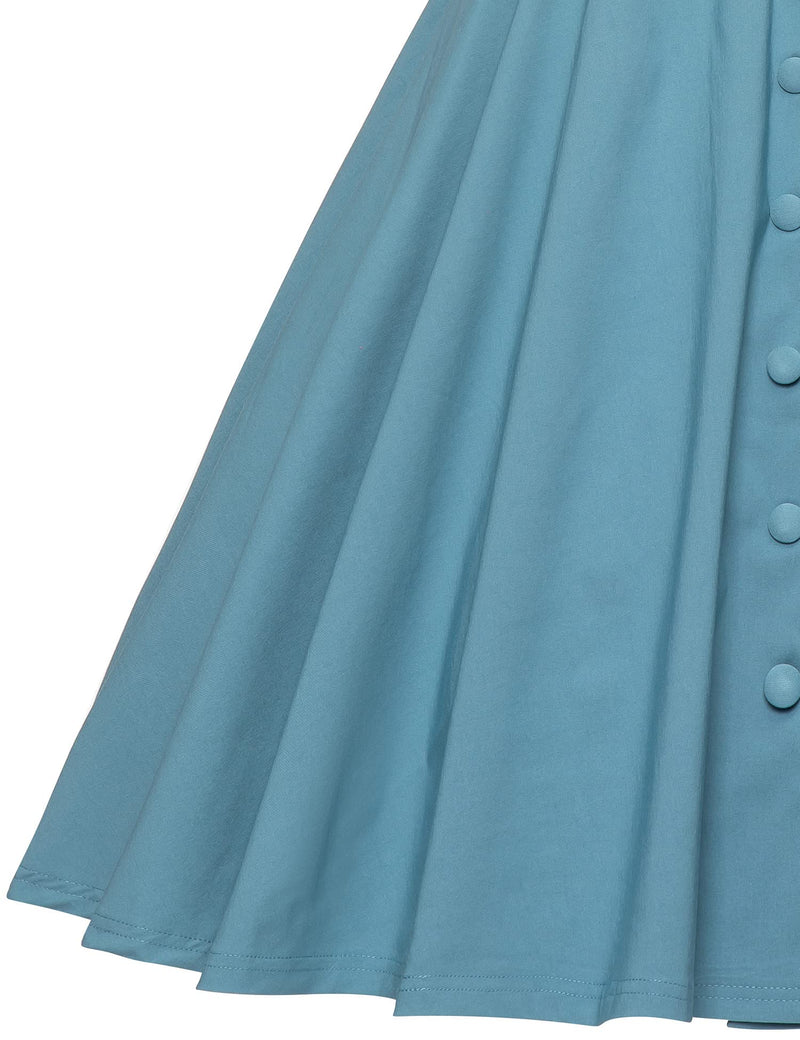1940s 50s  Peter Pan Collar Blue Shirtwaist Vintage Swing Dress With Pockets - Gowntownvintage