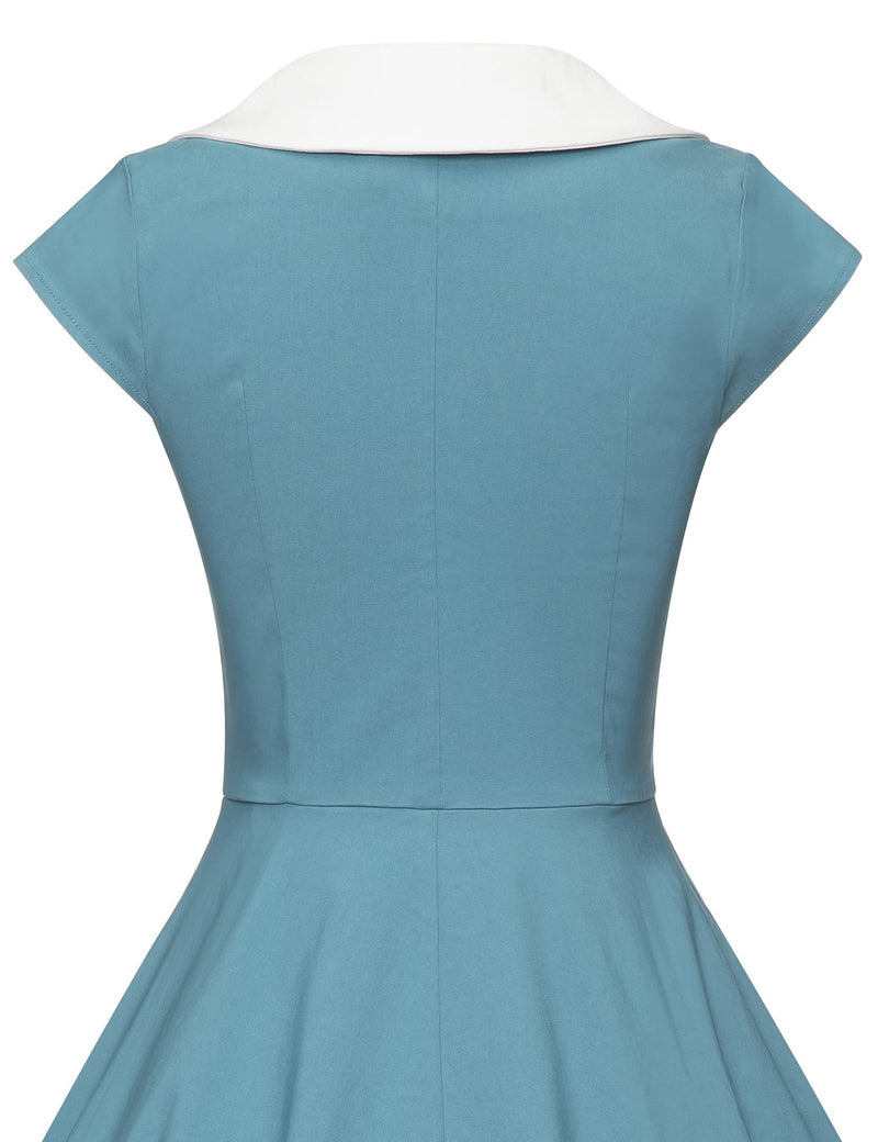 1940s 50s  Peter Pan Collar Blue Shirtwaist Vintage Swing Dress With Pockets - Gowntownvintage