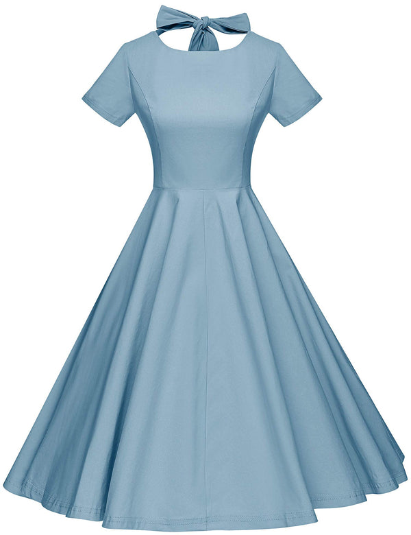 Scoop Collar Audrey Hepburn Style Blue Swing Dress With Pockets