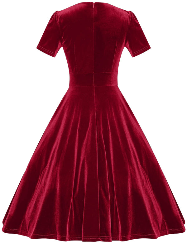 Women`s 1950s Vintage  Velvet Darkred Party Dress With Pockets - Gowntownvintage
