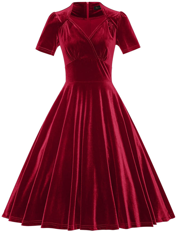 50s darkred velvet wrap top party dress with pockets