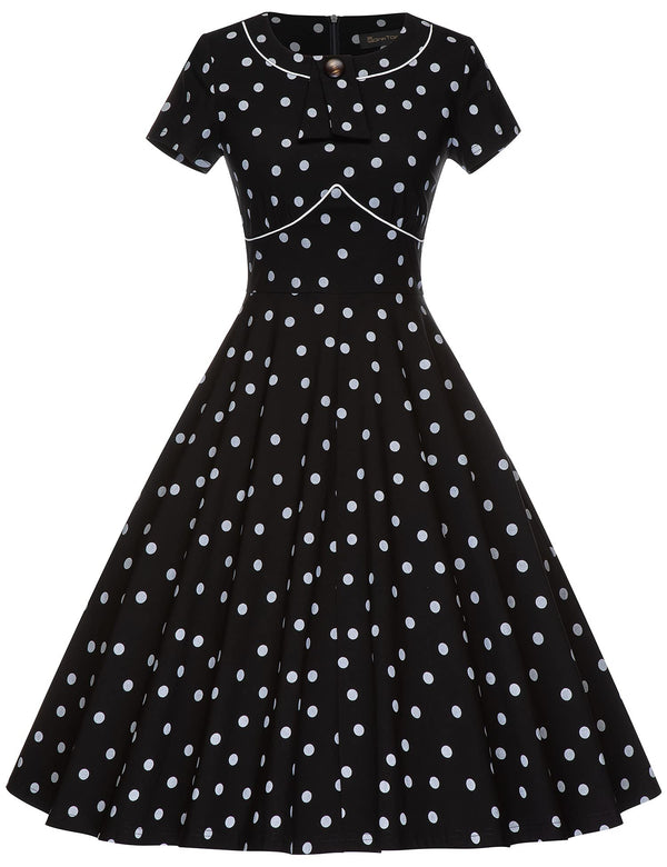 50s Vintage Black Dot O neck Swing Dress With Pockets