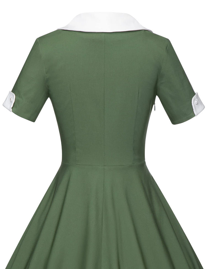 40s 50s Vintage Women`s Armygreen Colar Shawl Collar Vneckline Shirt Dress - Gowntownvintage