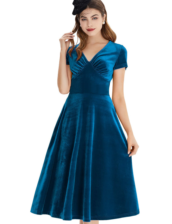 Women`s 50s Vintage  Velvet Blue Swing Dress With Pockets - Gowntownvintage