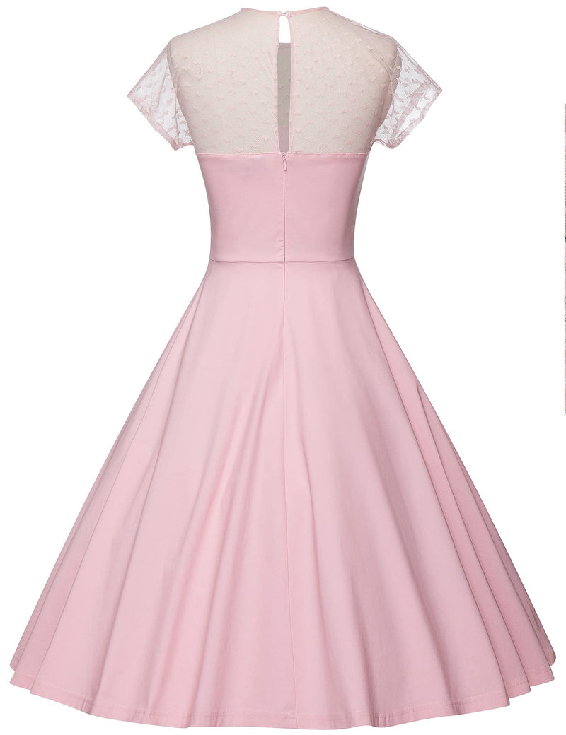 50s  Round Neckline Semi-transparent Lace Top Pink Splicing Party Swing Dress With Pockets - Gowntownvintage
