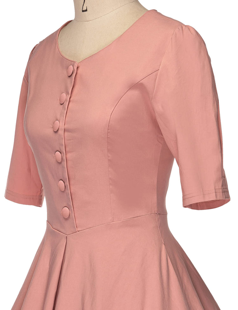 1950s Round Neckline Pink Shirtwaist Swing Vintage Dress With Pockets - Gowntownvintage