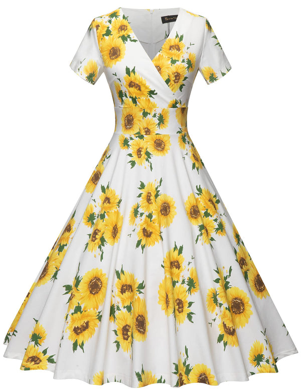 50s  Sunflower Floral Print Vneck  Retro Party Swing Dress With Pockets - Gowntownvintage