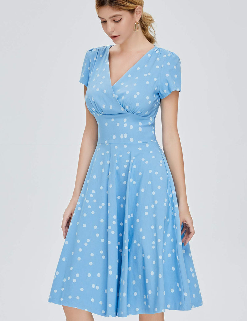 50s  Lightblue Dot  Faux Wrap Top Vneckline Retro Party Swing Dress With Pockets