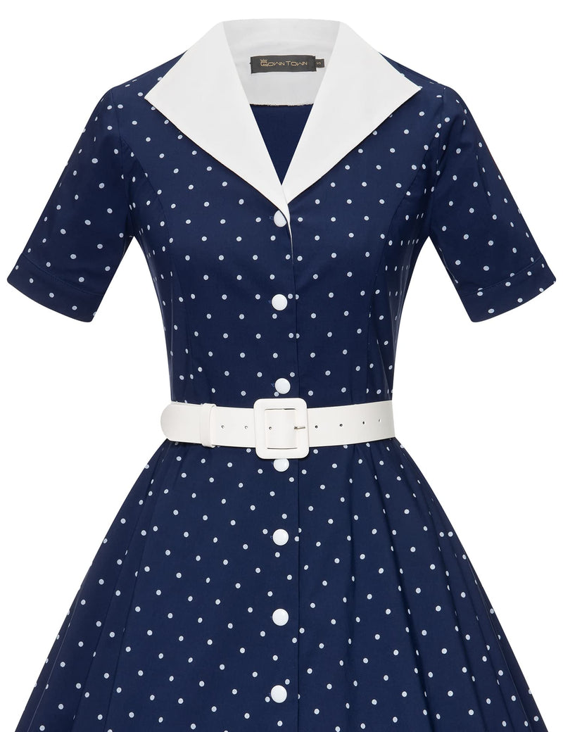 50s Lapel Collar Vneckline  Darkbluedot Shirtwaist Vintage Dress With Belts&Pockets - Gowntownvintage