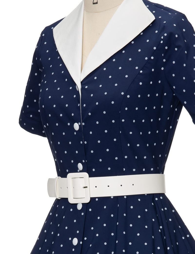50s Lapel Collar Vneckline  Darkbluedot Shirtwaist Vintage Dress With Belts&Pockets - Gowntownvintage