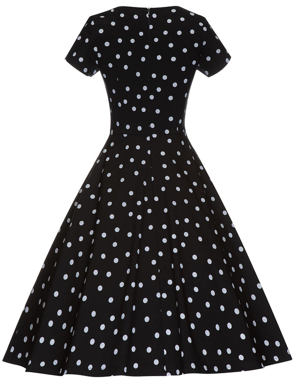 Women`s 50s Black Polka Dots  Inserted V waistline Vintage Party Dress With Pockets - Gowntownvintage