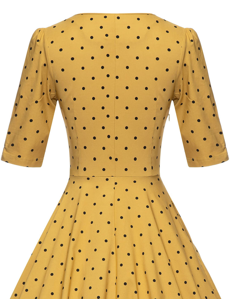 1950s YellowDot  Round Neck Shirtwaist Swing Vintage Dress With Pockets
