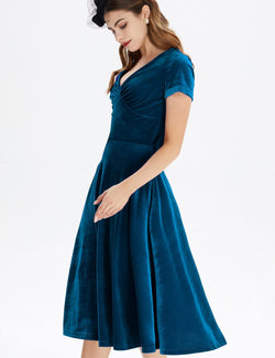 v neckline pleated bust swing dress with pockets