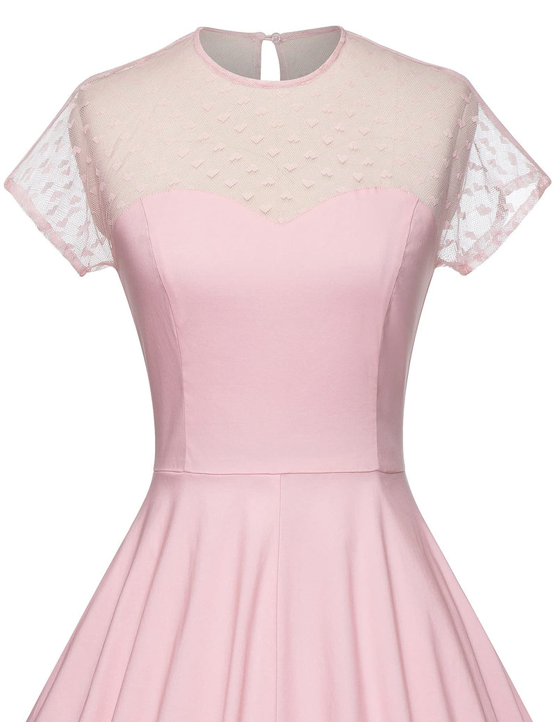 50s  Round Neckline Semi-transparent Lace Top Pink Splicing Party Swing Dress With Pockets - Gowntownvintage