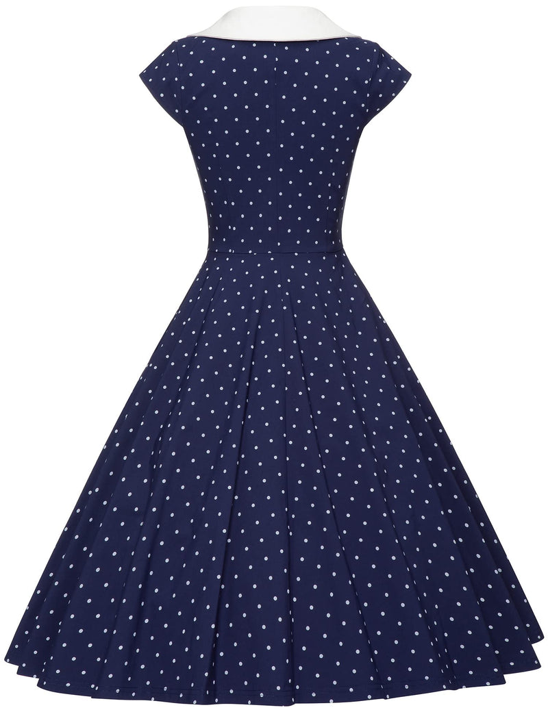 1940s 50s  Peter Pan Collar Darkblue Dot Shirtwaist Vintage Swing Dress With Pockets - Gowntownvintage