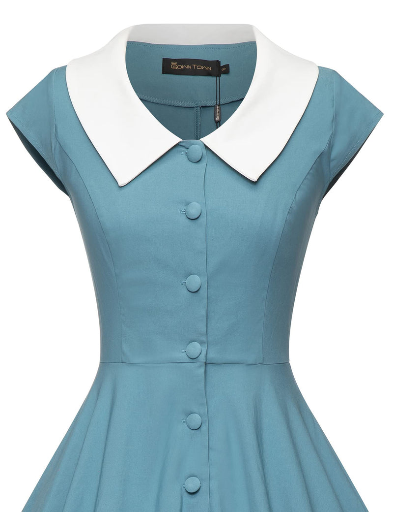 1940s 50s  Peter Pan Collar Blue Shirtwaist Vintage Swing Dress With Pockets - Gowntownvintage