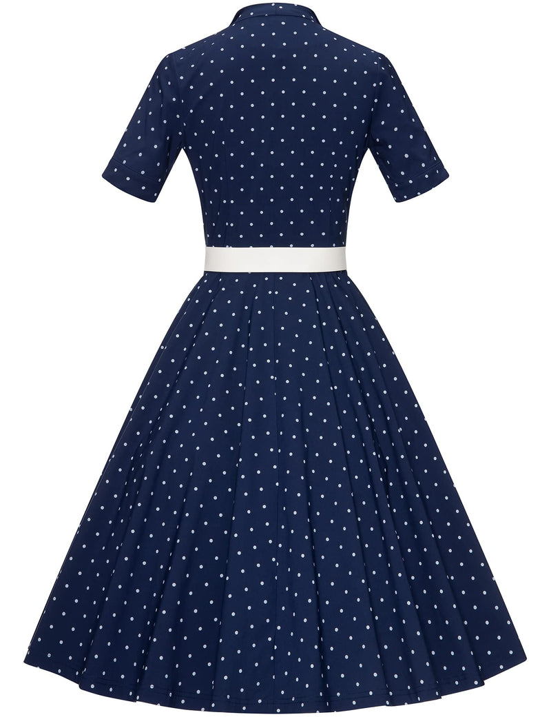 50s Lapel Collar Vneckline  Darkbluedot Shirtwaist Vintage Dress With Belts&Pockets - Gowntownvintage