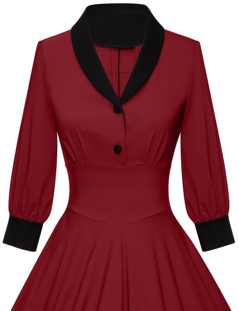 40s Vintage Women`s Darkred Shawl Collar Vneckline Shirtwaist Swing Dress With Pockets - Gowntownvintage