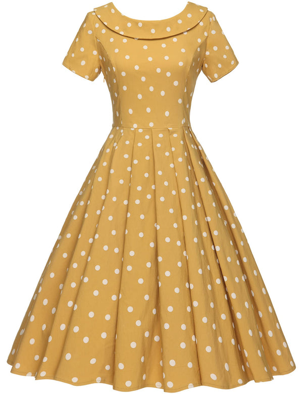 1950s Women s Yellow Dot Roll Collar Party Dress Gowntownvintage