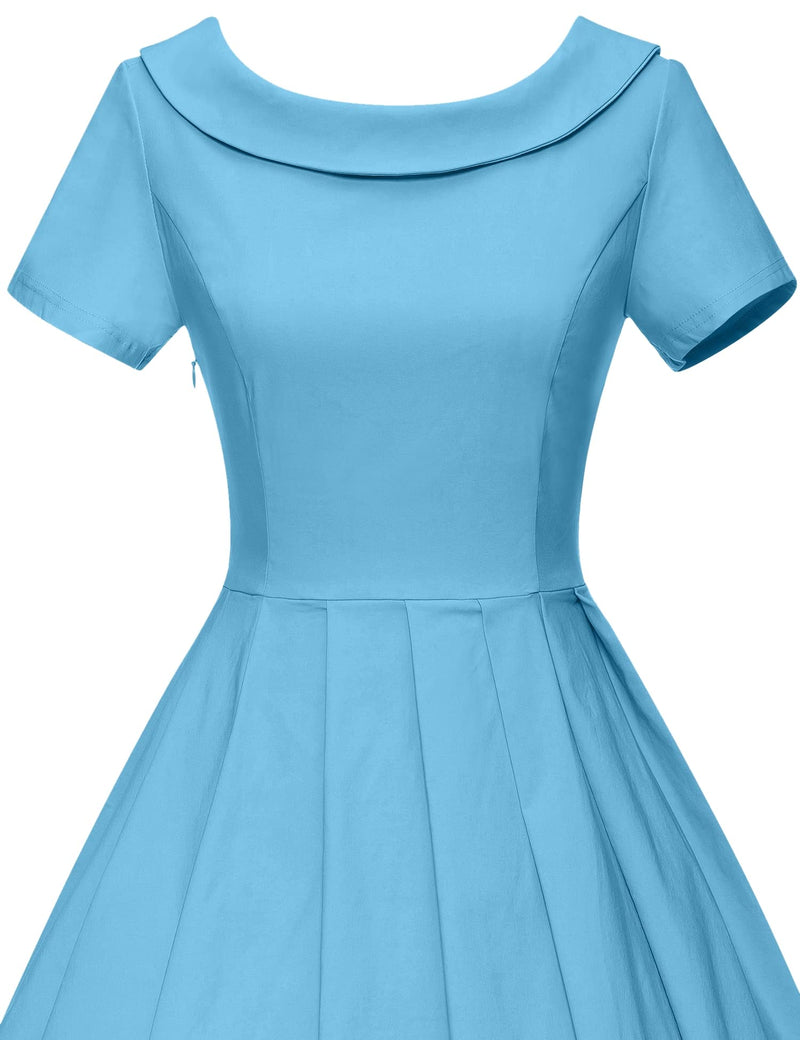 1950s  Skyblue Roll Collar Swing Dress With Pockets - Gowntownvintage