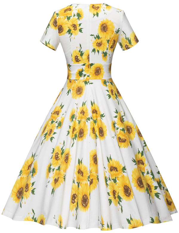 50s  Sunflower Floral Print Vneck  Retro Party Swing Dress With Pockets - Gowntownvintage