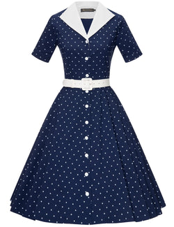 50s Lapel Collar Vneckline  Darkbluedot Shirtwaist Vintage Dress With Belts&Pockets - Gowntownvintage
