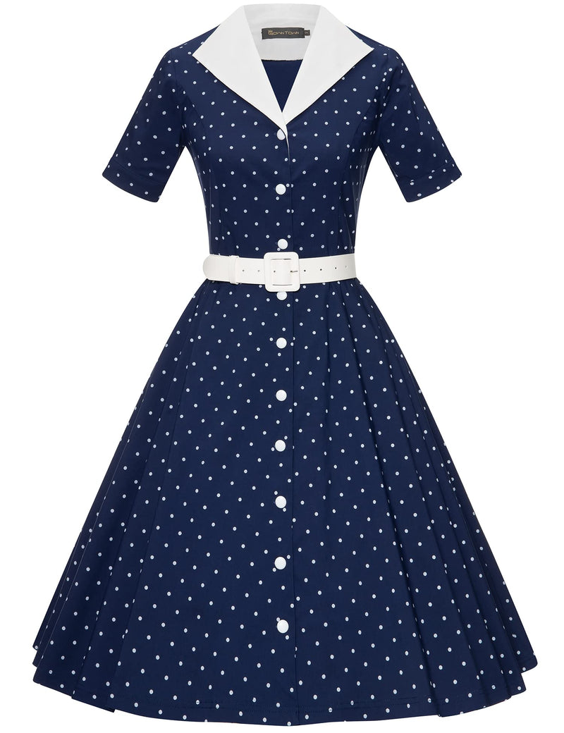 50s Lapel Collar Vneckline  Darkbluedot Shirtwaist Vintage Dress With Belts&Pockets - Gowntownvintage