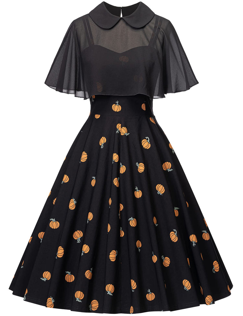 Women`s 1950s  Sweetheart Neckline Gothic Spooky Print  Party Dress With Chiffon Cloak - Gowntownvintage