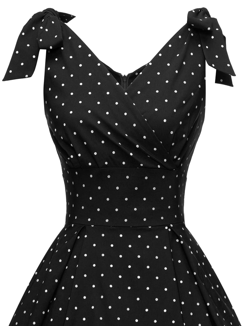 1950s Womens BlackDot Summer Adjustable Strap Dress With Pockets - Gowntownvintage
