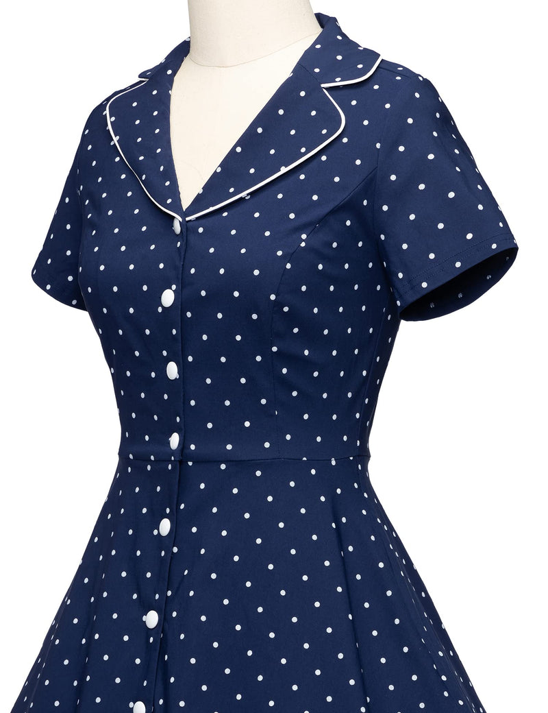 40s 50s Vintage Women`s Darkblue Dot Lapel Collar  Vneckline Shirt Dress - Gowntownvintage