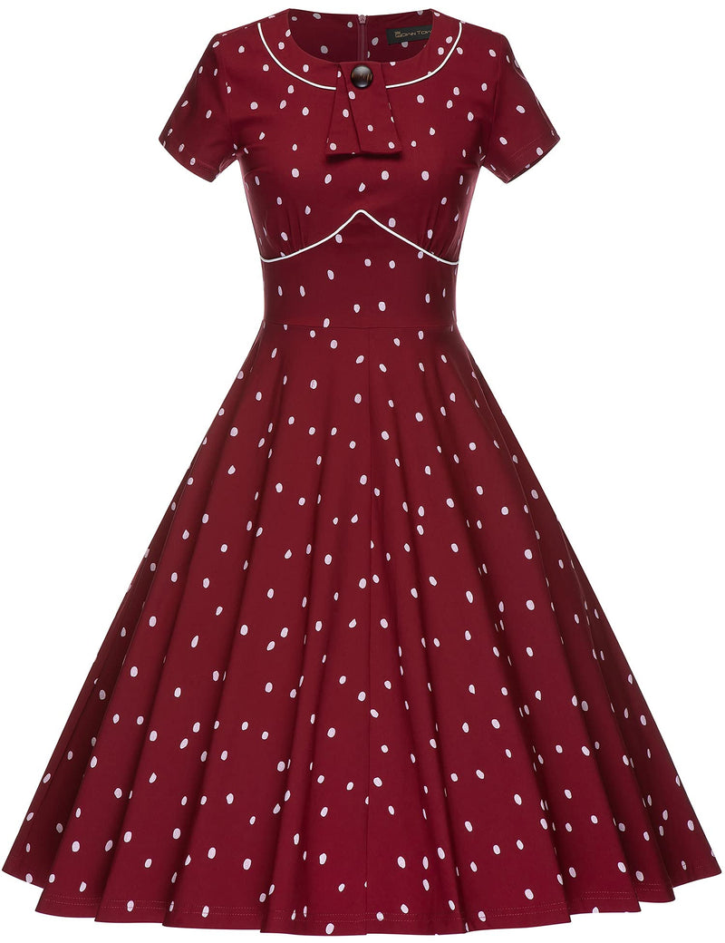 Women`s 50s Darkred Dot Inserted V waistline Vintage Party Dress With Pockets - Gowntownvintage