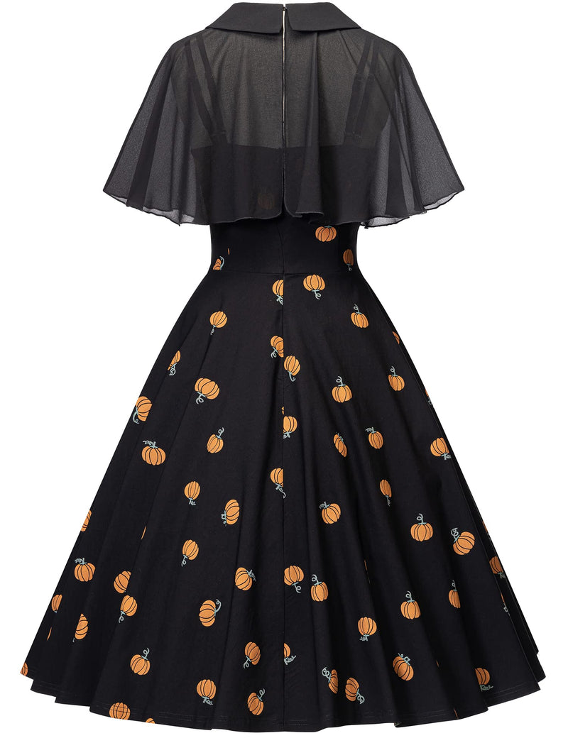 Women`s 1950s  Sweetheart Neckline Gothic Spooky Print  Party Dress With Chiffon Cloak - Gowntownvintage