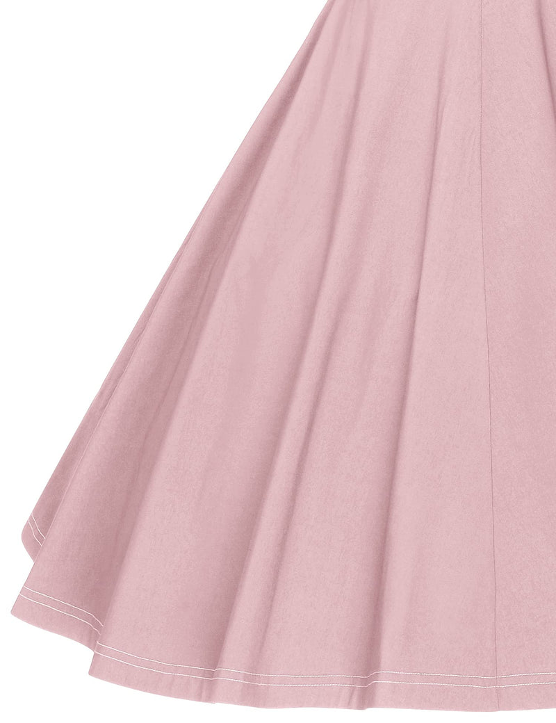 Women`s 50s Bowknot Cape Collar  Pink Casual Swing Party Dress With Pockets - Gowntownvintage