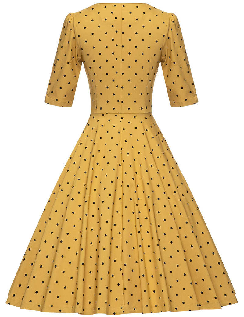 1950s YellowDot  Round Neck Shirtwaist Swing Vintage Dress With Pockets
