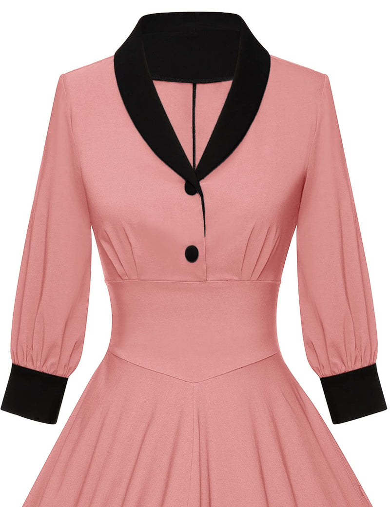 40s Vintage Women`s  Salmon Pink Shawl Collar Vneckline Shirtwaist Swing Dress With Pockets - Gowntownvintage