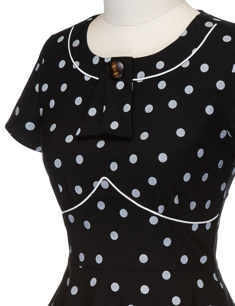 Women`s 50s Black Polka Dots  Inserted V waistline Vintage Party Dress With Pockets - Gowntownvintage
